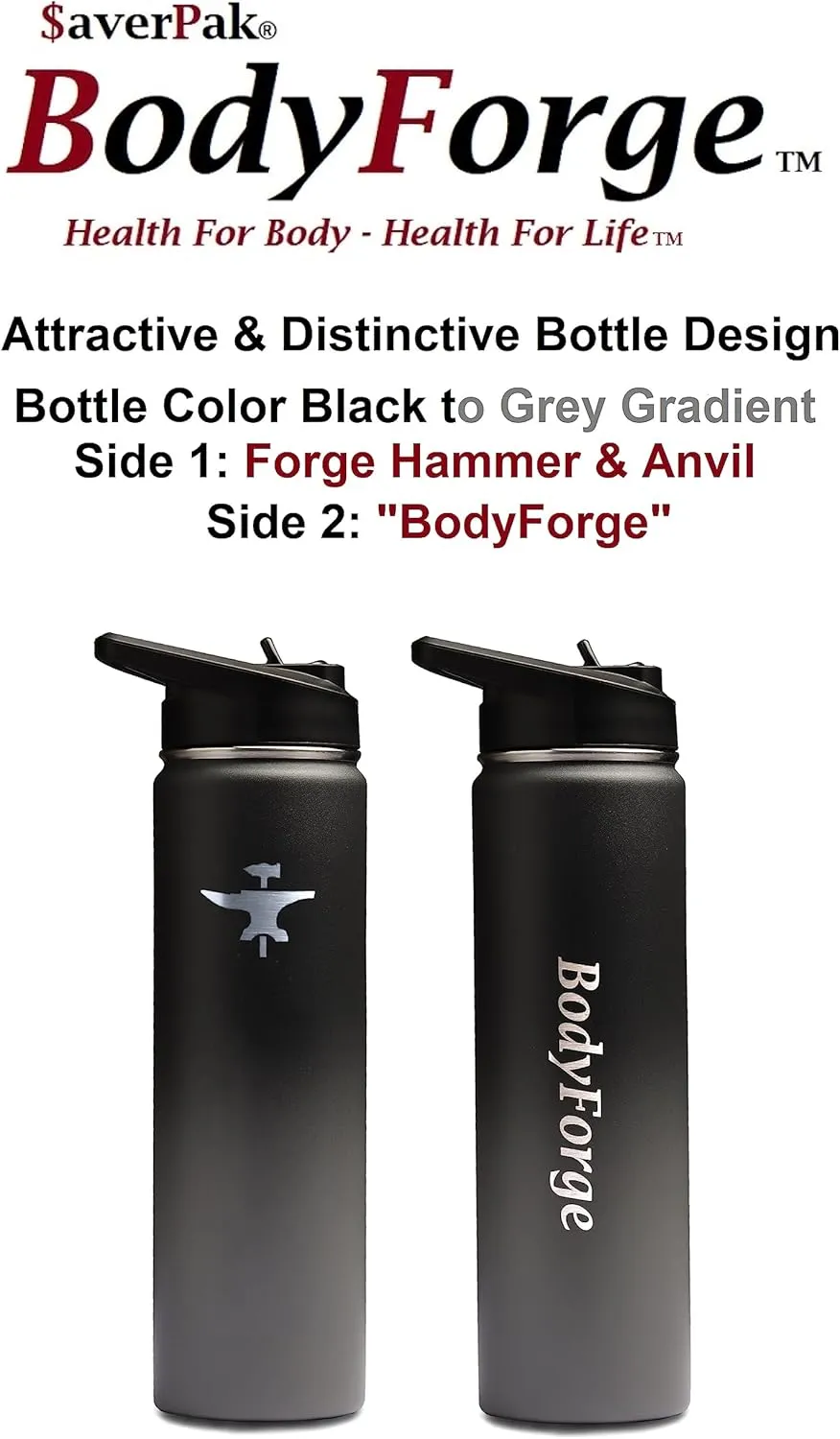BodyForge Sports Water Bottle - 24oz, 3 Lids & Straw Lid, Leak Proof Stainless Steel Gym & Sport Bottles for Men, Women & Kids - Double Walled, Insulated Thermos, Metal Canteen