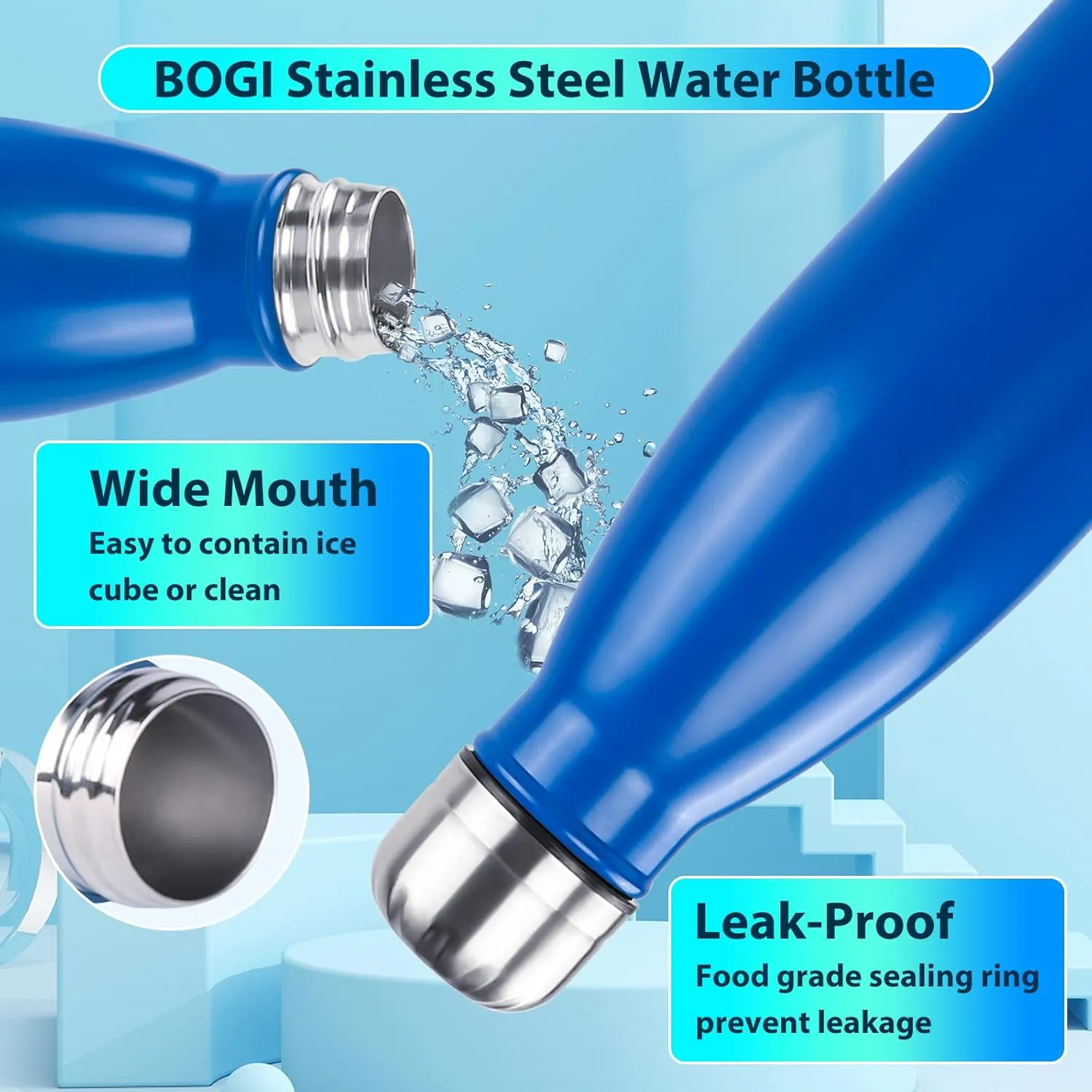 BOGI 2 Pack 17oz Insulated Water Bottle Double Wall Vacuum Stainless Steel Water Bottles, Leak Proof Metal Sports Water Bottle Keeps Drink Hot & Cold - Perfect for Outdoor Sports Camping (Mint Dblue)