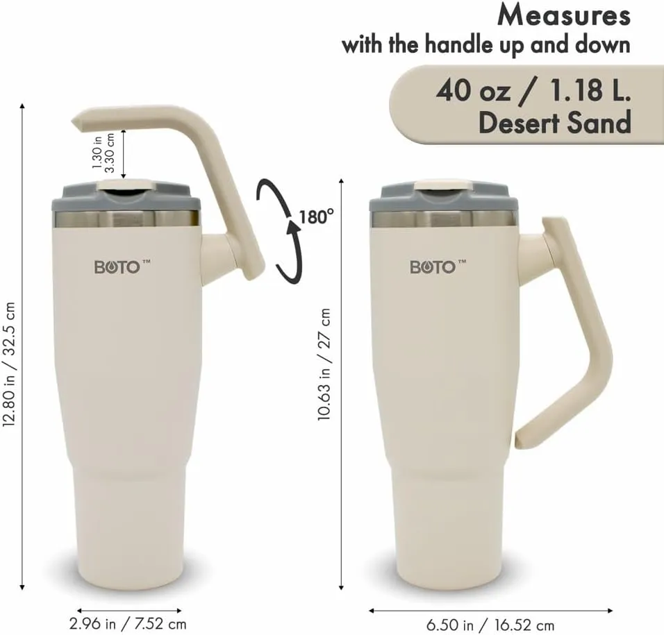 BOTO Tumbler with Handle and Straw | 100% Leak Proof Tumbler, 180° Rotatable Handle, Includes 2 Lids | Water Bottle with Straw, Insulated Tumblers, Stainless Steel