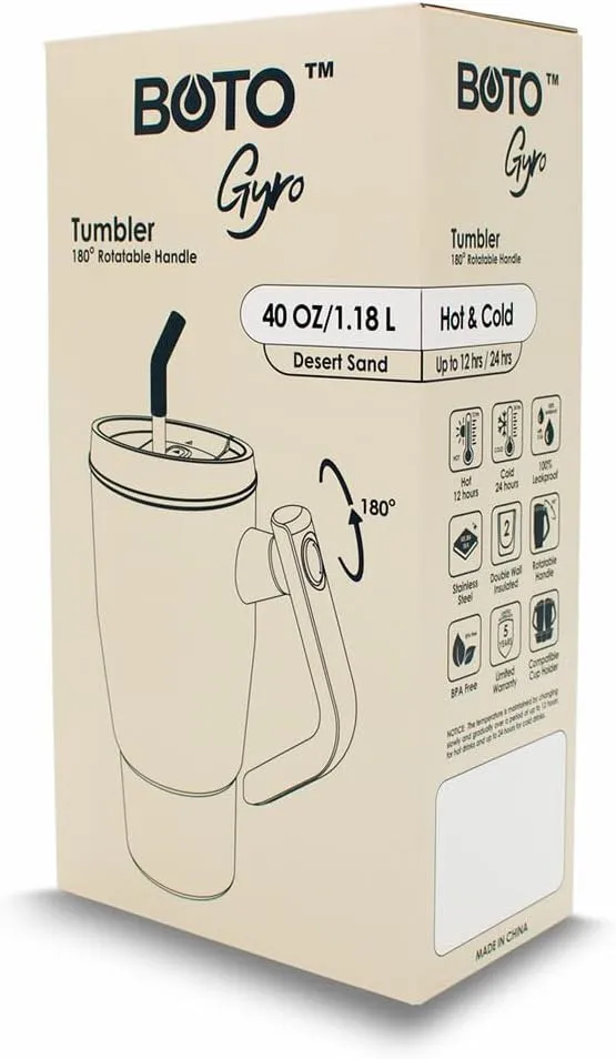 BOTO Tumbler with Handle and Straw | 100% Leak Proof Tumbler, 180° Rotatable Handle, Includes 2 Lids | Water Bottle with Straw, Insulated Tumblers, Stainless Steel