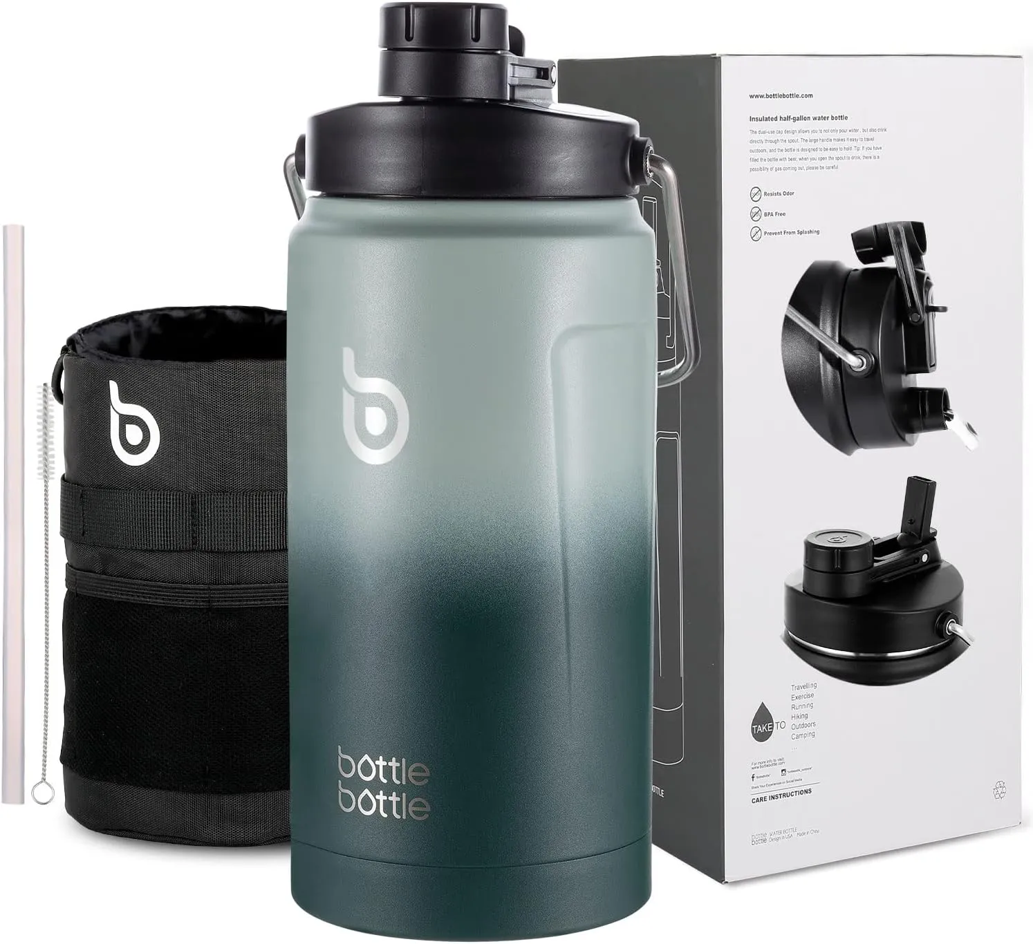 BOTTLE BOTTLE Insulated Water Bottle 64 oz with Straw and Dual-use Lid Half Gallon Water Jug Vacuum Stainless Steel for Workout and Sports Insulated Beer Growler with Handle Green Gradient