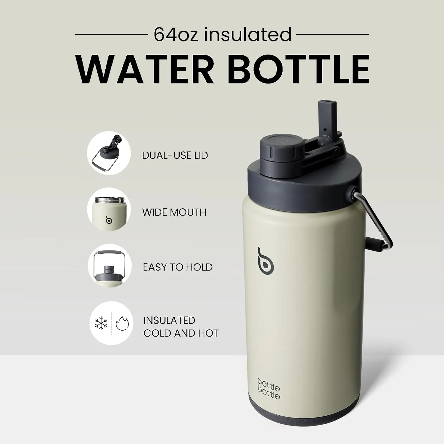 BOTTLE BOTTLE Insulated Water Bottle 64 oz with Straw and Dual-use Lid Half Gallon Water Jug Vacuum Stainless Steel for Workout Sports Insulated Beer Growler with Handle and Pills Holder Gray