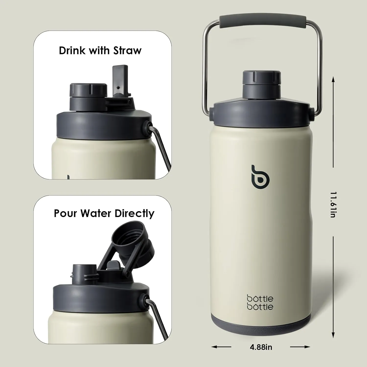 BOTTLE BOTTLE Insulated Water Bottle 64 oz with Straw and Dual-use Lid Half Gallon Water Jug Vacuum Stainless Steel for Workout Sports Insulated Beer Growler with Handle and Pills Holder Gray