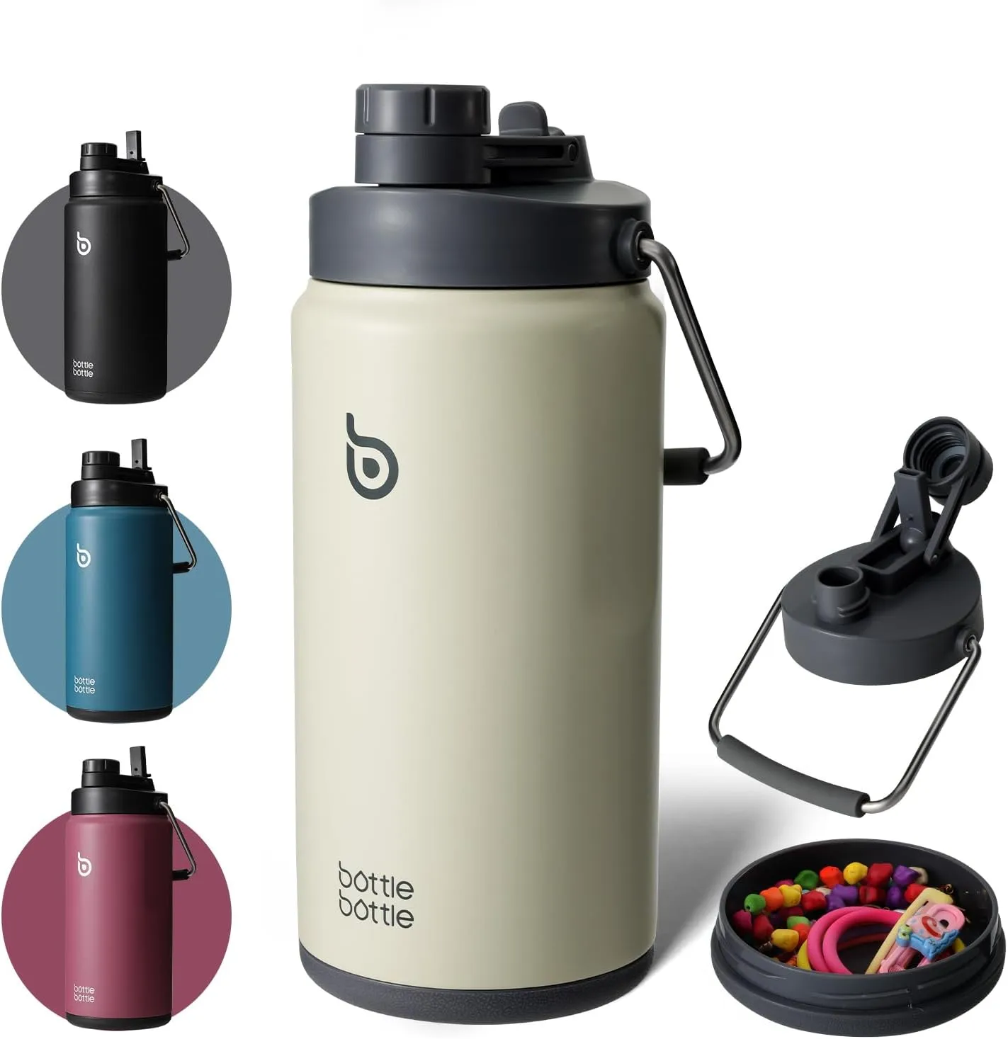 BOTTLE BOTTLE Insulated Water Bottle 64 oz with Straw and Dual-use Lid Half Gallon Water Jug Vacuum Stainless Steel for Workout Sports Insulated Beer Growler with Handle and Pills Holder Gray