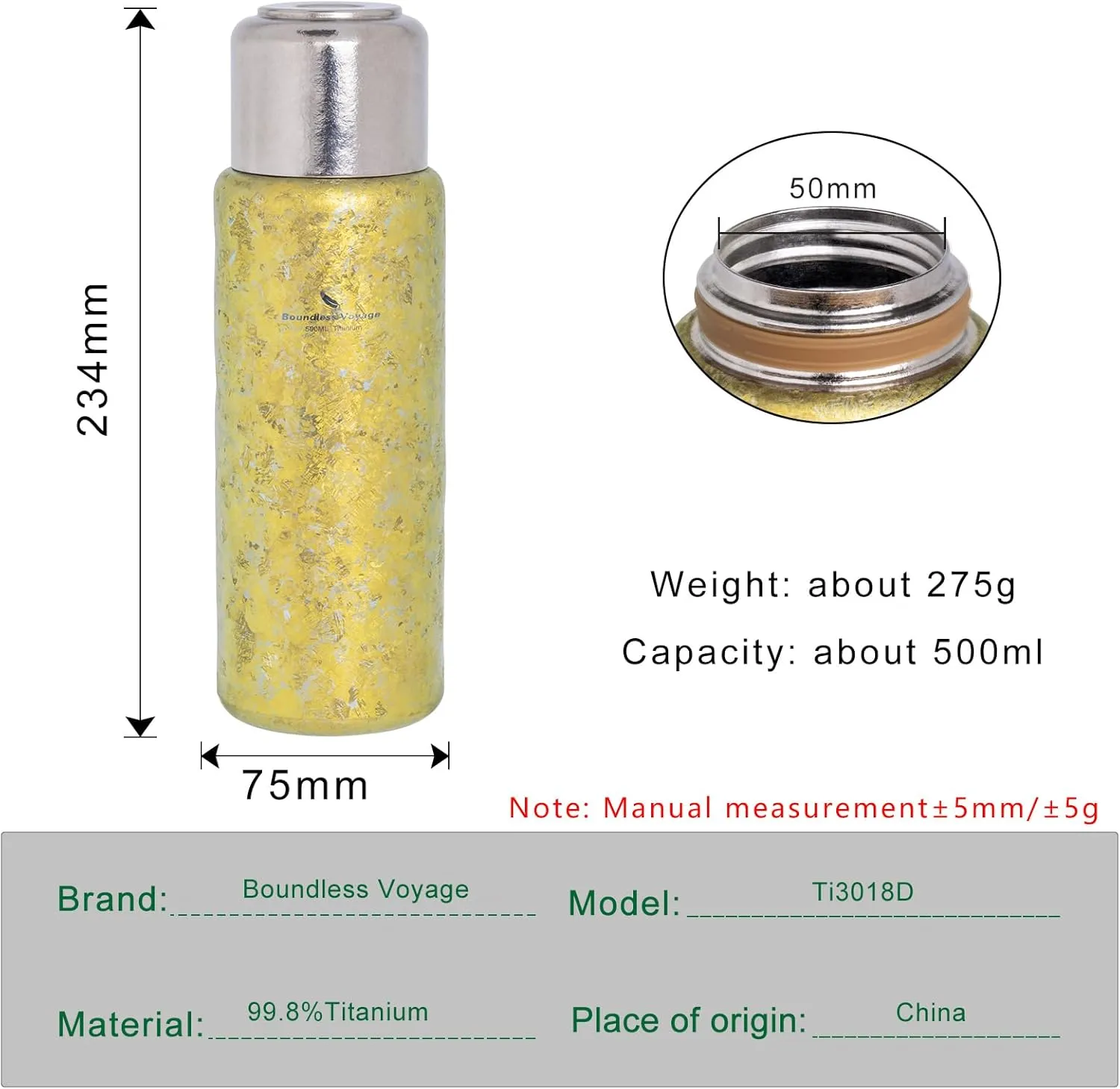Boundless Voyage Titanium Water Bottle Vacuum Insulated Double Wall Insulated Bottle Flask with Lid 500ml/17oz Outdoor Climbing Running US-Ti3018D