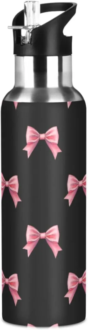 Bow Ribbon Water Bottle with Straw Lid Double Wall Pink Thermos Bottle Vacuum Insulated Flask Stainless Steel Water Bottle for Gym Outdoor 35 OZ