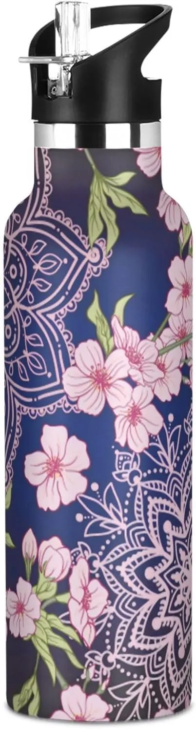 Boys Water Bottle with Straw Reusable Tumbler for Toddlers 20oz Kids Insulated Cups Leak Proof Double Wall 304 Stainless Steel Water Flask School Bottle,Beautiful Japanese Flower
