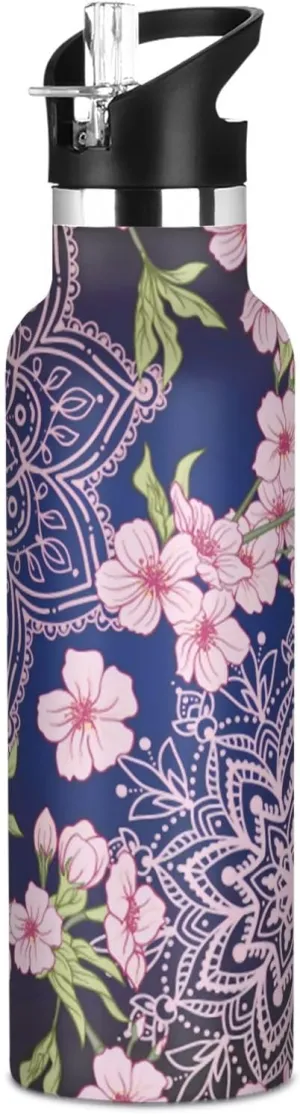 Boys Water Bottle with Straw Reusable Tumbler for Toddlers 20oz Kids Insulated Cups Leak Proof Double Wall 304 Stainless Steel Water Flask School Bottle,Beautiful Japanese Flower