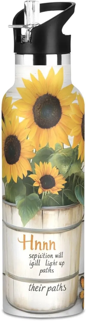 Boys Water Bottle with Straw Reusable Tumbler for Toddlers 20oz Kids Insulated Cups Leak Proof Double Wall 304 Stainless Steel Water Flask School Bottle,Beautiful Potted Sunflowers