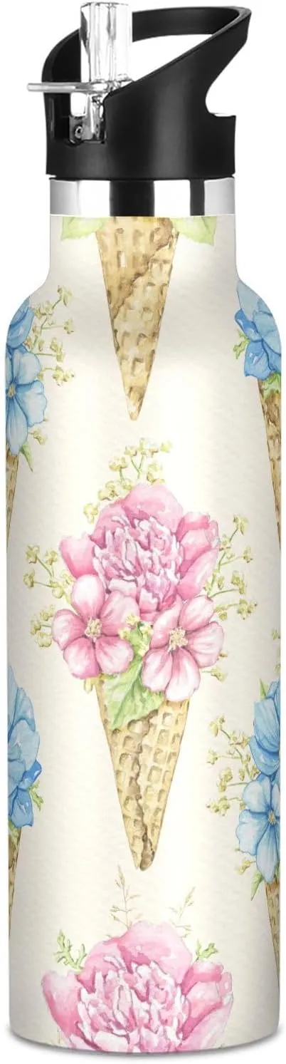Boys Water Bottle with Straw Reusable Tumbler for Toddlers 20oz Kids Insulated Cups Leak Proof Double Wall 304 Stainless Steel Water Flask School Bottle,Bouquets with Blue Flowers