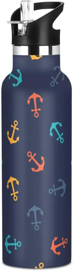Boys Water Bottle with Straw Reusable Tumbler for Toddlers 20oz Kids Insulated Cups Leak Proof Double Wall 304 Stainless Steel Water Flask School Bottle,Colorful Anchors Dark