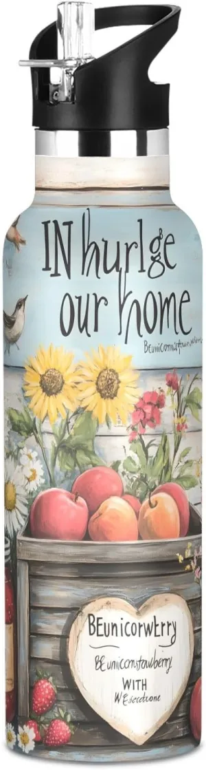 Boys Water Bottle with Straw Reusable Tumbler for Toddlers 20oz Kids Insulated Cups Leak Proof Double Wall 304 Stainless Steel Water Flask School Bottle,Colorful Rustic Farmhouse-