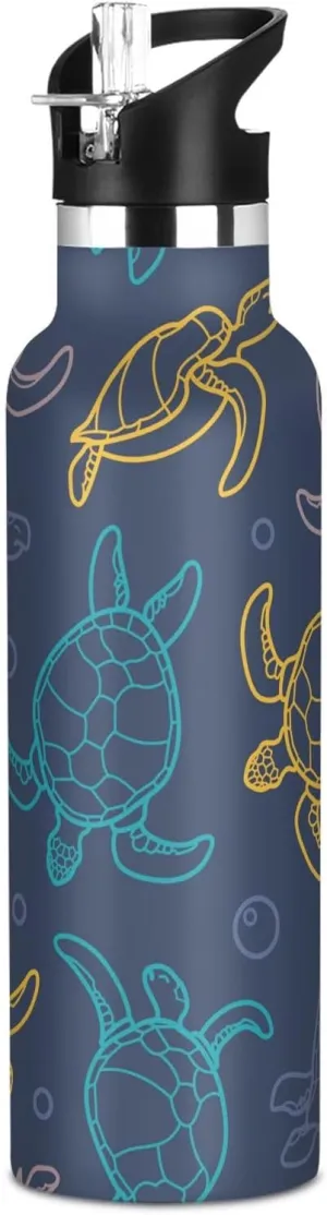 Boys Water Bottle with Straw Reusable Tumbler for Toddlers 20oz Kids Insulated Cups Leak Proof Double Wall 304 Stainless Steel Water Flask School Bottle,Colorful Sea Turtle