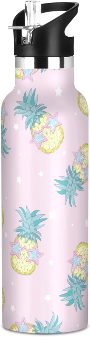 Boys Water Bottle with Straw Reusable Tumbler for Toddlers 20oz Kids Insulated Cups Leak Proof Double Wall 304 Stainless Steel Water Flask School Bottle,Cute Print with Pineapples