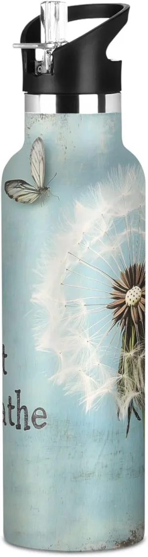 Boys Water Bottle with Straw Reusable Tumbler for Toddlers 20oz Kids Insulated Cups Leak Proof Double Wall 304 Stainless Steel Water Flask School Bottle,Dandelion Blue Butterfly