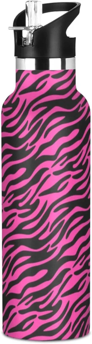 Boys Water Bottle with Straw Reusable Tumbler for Toddlers 20oz Kids Insulated Cups Leak Proof Double Wall 304 Stainless Steel Water Flask School Bottle,Fuchsia Zebra Print