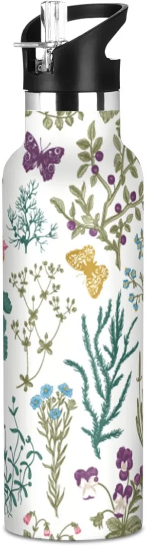 Boys Water Bottle with Straw Reusable Tumbler for Toddlers 20oz Kids Insulated Cups Leak Proof Double Wall 304 Stainless Steel Water Flask School Bottle,Herbs and Wildflowers
