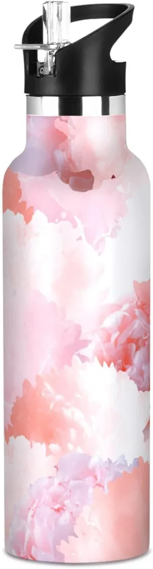 Boys Water Bottle with Straw Reusable Tumbler for Toddlers 20oz Kids Insulated Cups Leak Proof Double Wall 304 Stainless Steel Water Flask School Bottle,Plants Pink Flower