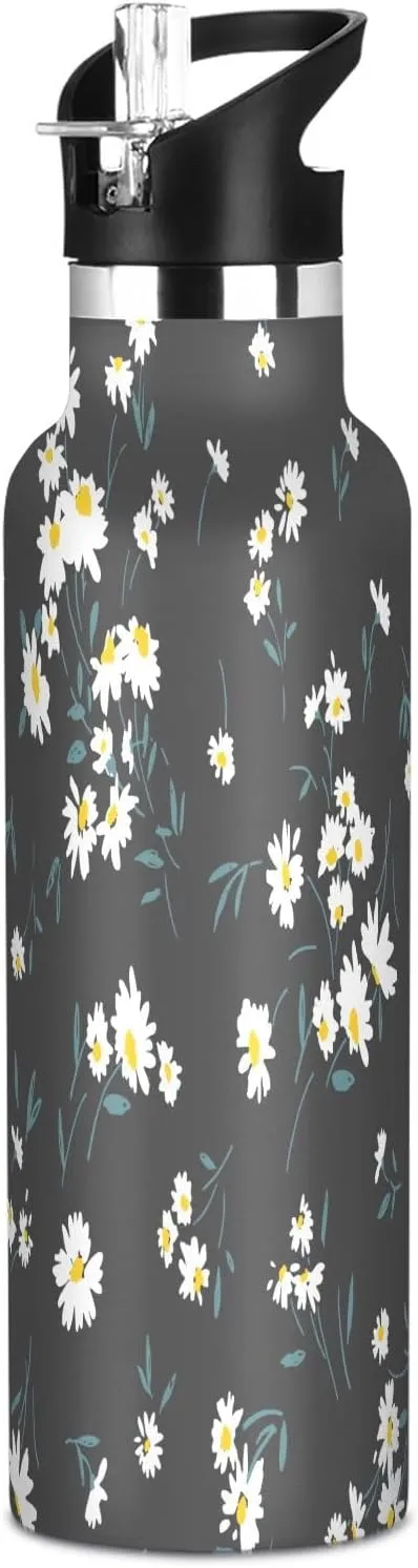 Boys Water Bottle with Straw Reusable Tumbler for Toddlers 20oz Kids Insulated Cups Leak Proof Double Wall 304 Stainless Steel Water Flask School Bottle,Spring Chrysanthemum Pattern