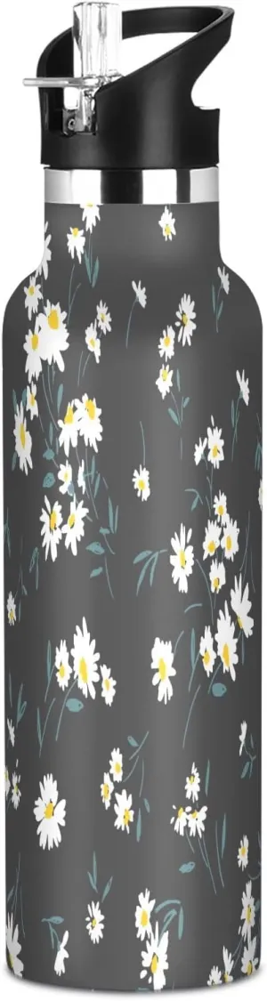 Boys Water Bottle with Straw Reusable Tumbler for Toddlers 20oz Kids Insulated Cups Leak Proof Double Wall 304 Stainless Steel Water Flask School Bottle,Spring Chrysanthemum Pattern
