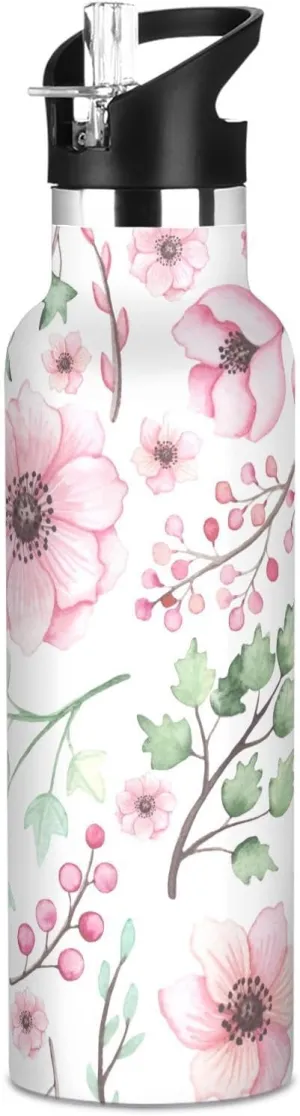 Boys Water Bottle with Straw Reusable Tumbler for Toddlers 20oz Kids Insulated Cups Leak Proof Double Wall 304 Stainless Steel Water Flask School Bottle,Watercolor Berries Flowers