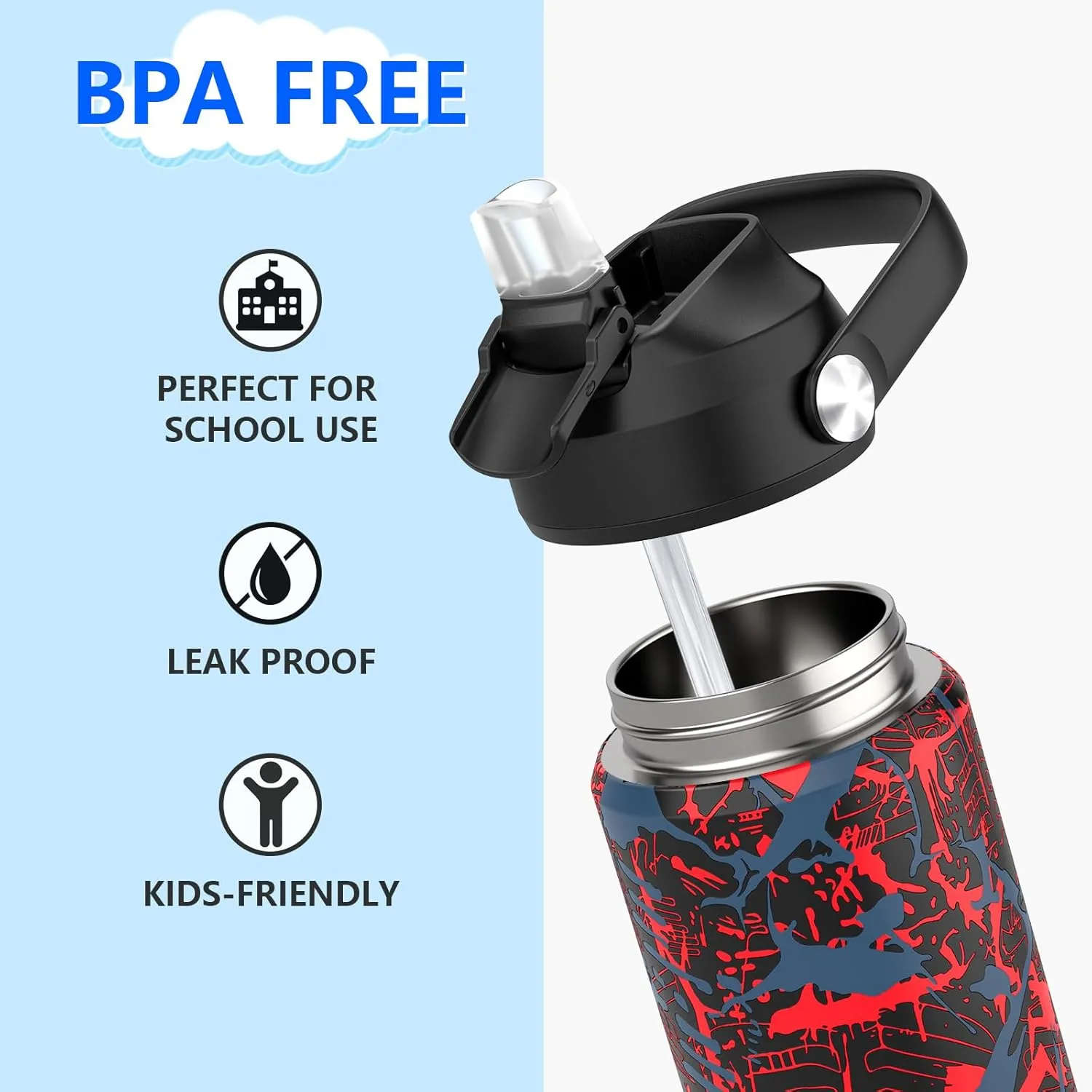 Boys Water Bottle with Straw,18 oz Kids Insulated Cups with Stainless Steel Leak Proof for School,Sport&Travel（Geometry-Red）