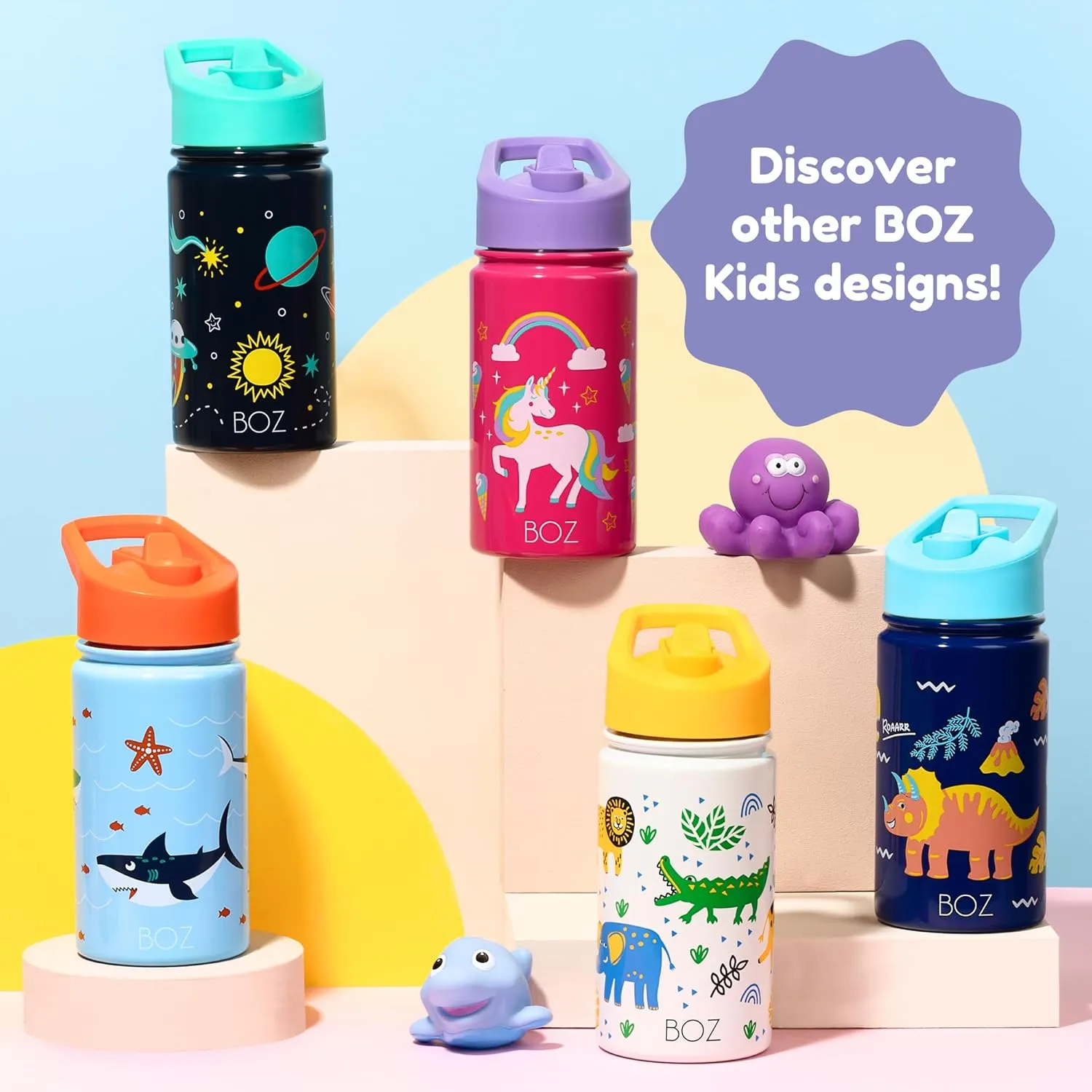 BOZ Kids Insulated Dino Water Bottle with Straw Lid - Two-Pack Bundle, Shark and Dinosaur Vacuum Double Wall Water Cup, Toddler Stainless Steel Water Bottle, Scratch-resistant 14 oz (414ml)