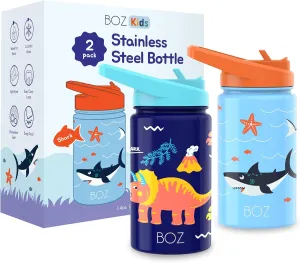 BOZ Kids Insulated Dino Water Bottle with Straw Lid - Two-Pack Bundle, Shark and Dinosaur Vacuum Double Wall Water Cup, Toddler Stainless Steel Water Bottle, Scratch-resistant 14 oz (414ml)