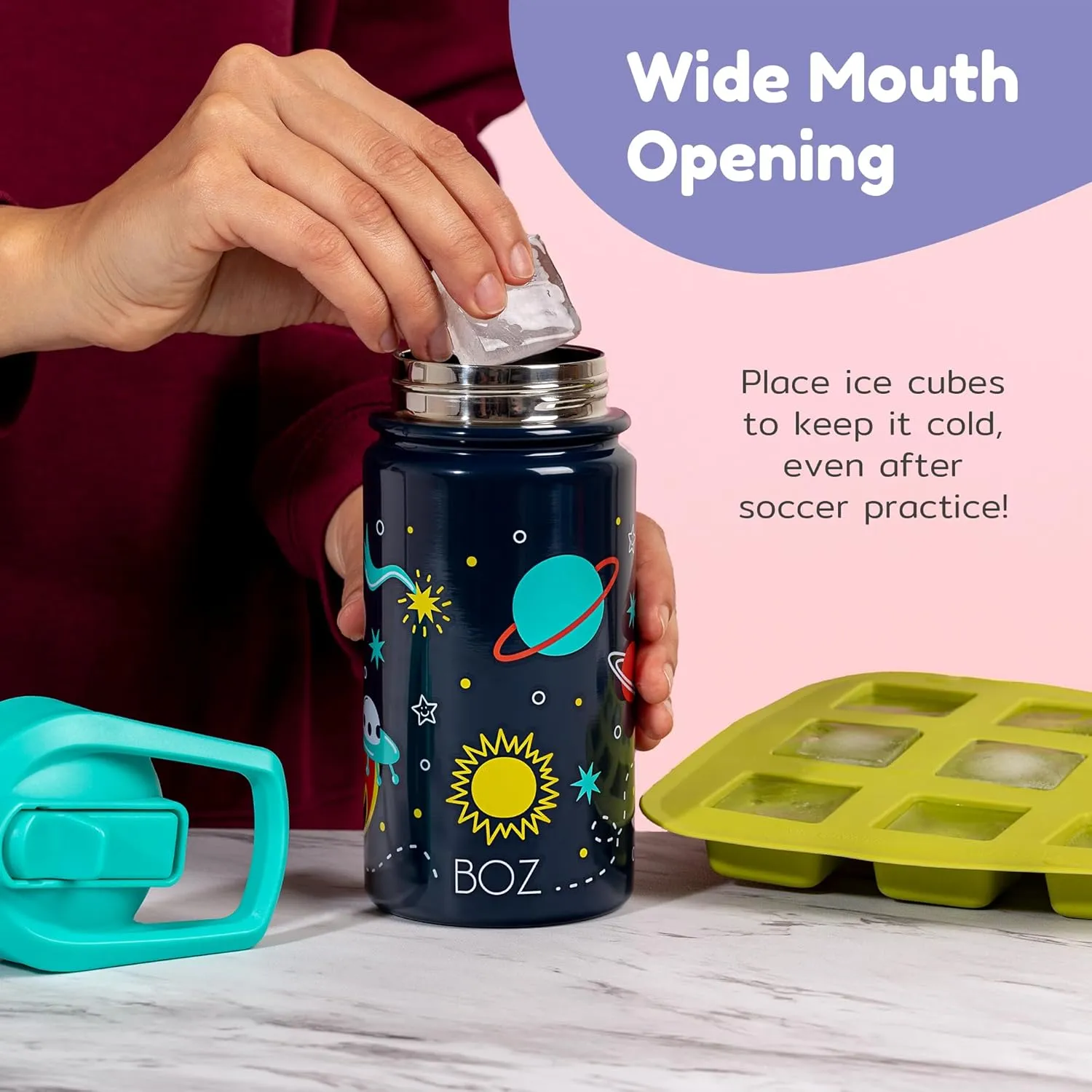BOZ Kids Insulated Dino Water Bottle with Straw Lid - Two-Pack Bundle, Shark and Dinosaur Vacuum Double Wall Water Cup, Toddler Stainless Steel Water Bottle, Scratch-resistant 14 oz (414ml)