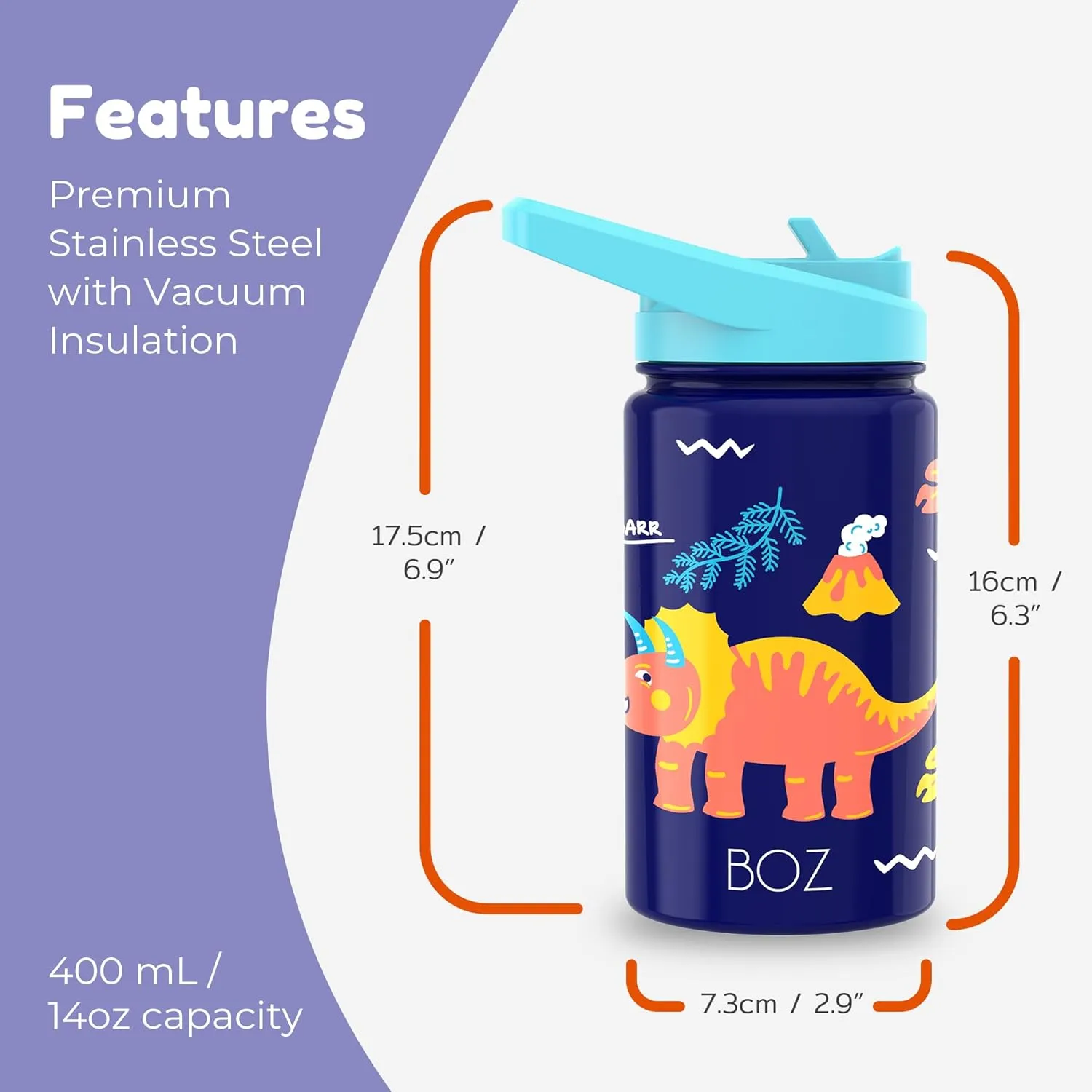 BOZ Kids Insulated Dino Water Bottle with Straw Lid - Two-Pack Bundle, Shark and Dinosaur Vacuum Double Wall Water Cup, Toddler Stainless Steel Water Bottle, Scratch-resistant 14 oz (414ml)