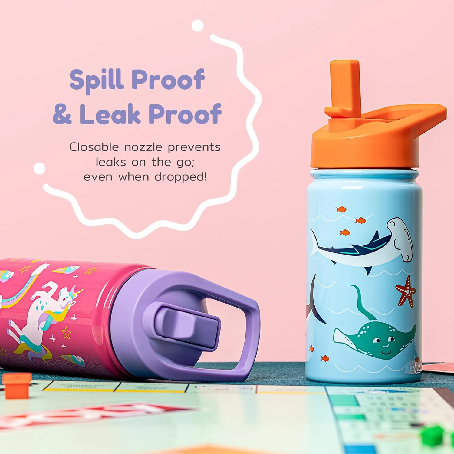 BOZ Kids Insulated Dino Water Bottle with Straw Lid - Two-Pack Bundle, Shark and Dinosaur Vacuum Double Wall Water Cup, Toddler Stainless Steel Water Bottle, Scratch-resistant 14 oz (414ml)