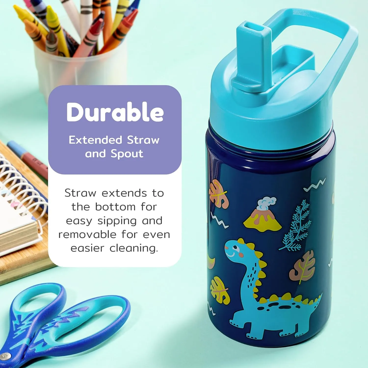 BOZ Kids Insulated Dino Water Bottle with Straw Lid - Two-Pack Bundle, Shark and Dinosaur Vacuum Double Wall Water Cup, Toddler Stainless Steel Water Bottle, Scratch-resistant 14 oz (414ml)