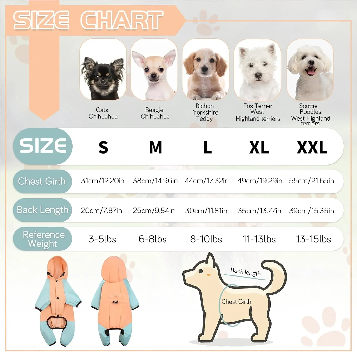 BRKURLEG Dog Raincoat for Small Dogs, 4 Legs Dog Rain Jacket, Pet Waterproof Rainproof Jacket with Leash Hole Reflective Pet Poncho for Small Dogs Boy Girl, Orange XL