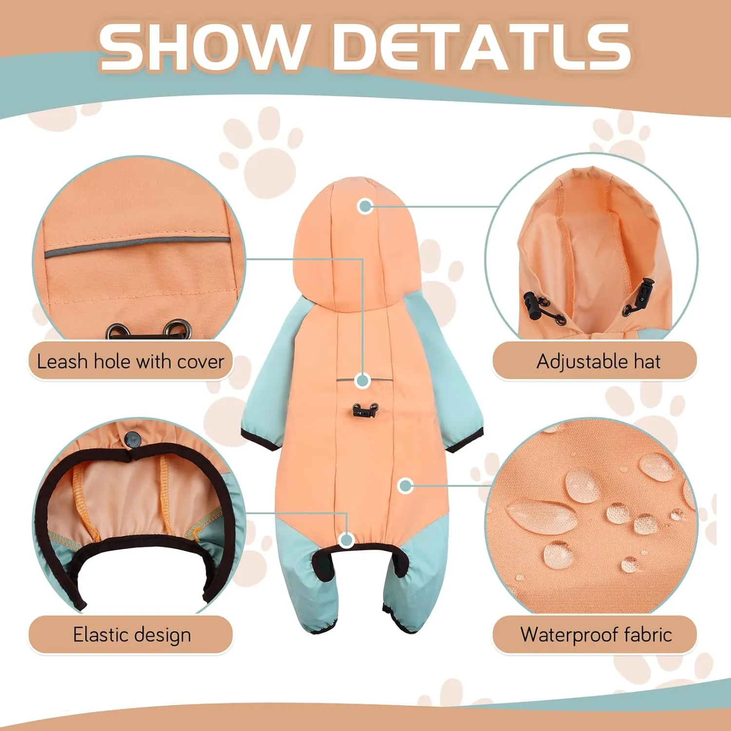 BRKURLEG Dog Raincoat for Small Dogs, 4 Legs Dog Rain Jacket, Pet Waterproof Rainproof Jacket with Leash Hole Reflective Pet Poncho for Small Dogs Boy Girl, Orange XL