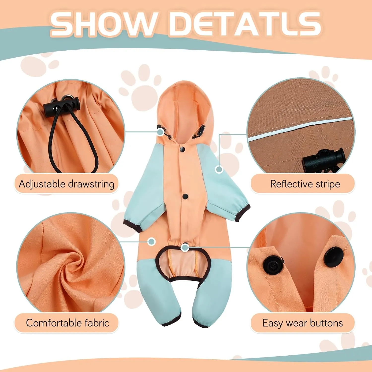 BRKURLEG Dog Raincoat for Small Dogs, 4 Legs Dog Rain Jacket, Pet Waterproof Rainproof Jacket with Leash Hole Reflective Pet Poncho for Small Dogs Boy Girl, Orange XL