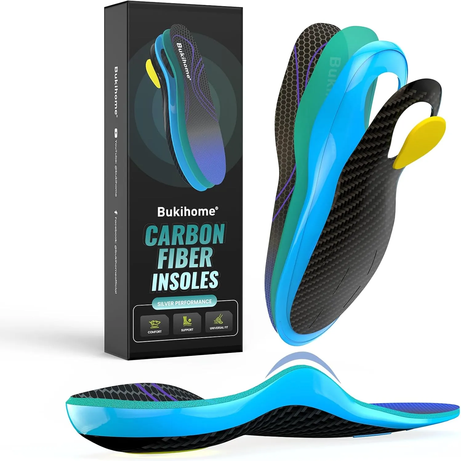 Bukihome Carbon Fiber Insoles -（1 Pair） High Arch & Rigid Support - Extra Energy Return - Non-Cleated Shoes - Running, Hiking - Injury Prevention - Volleyball, Basketball, Racquet Sports - L