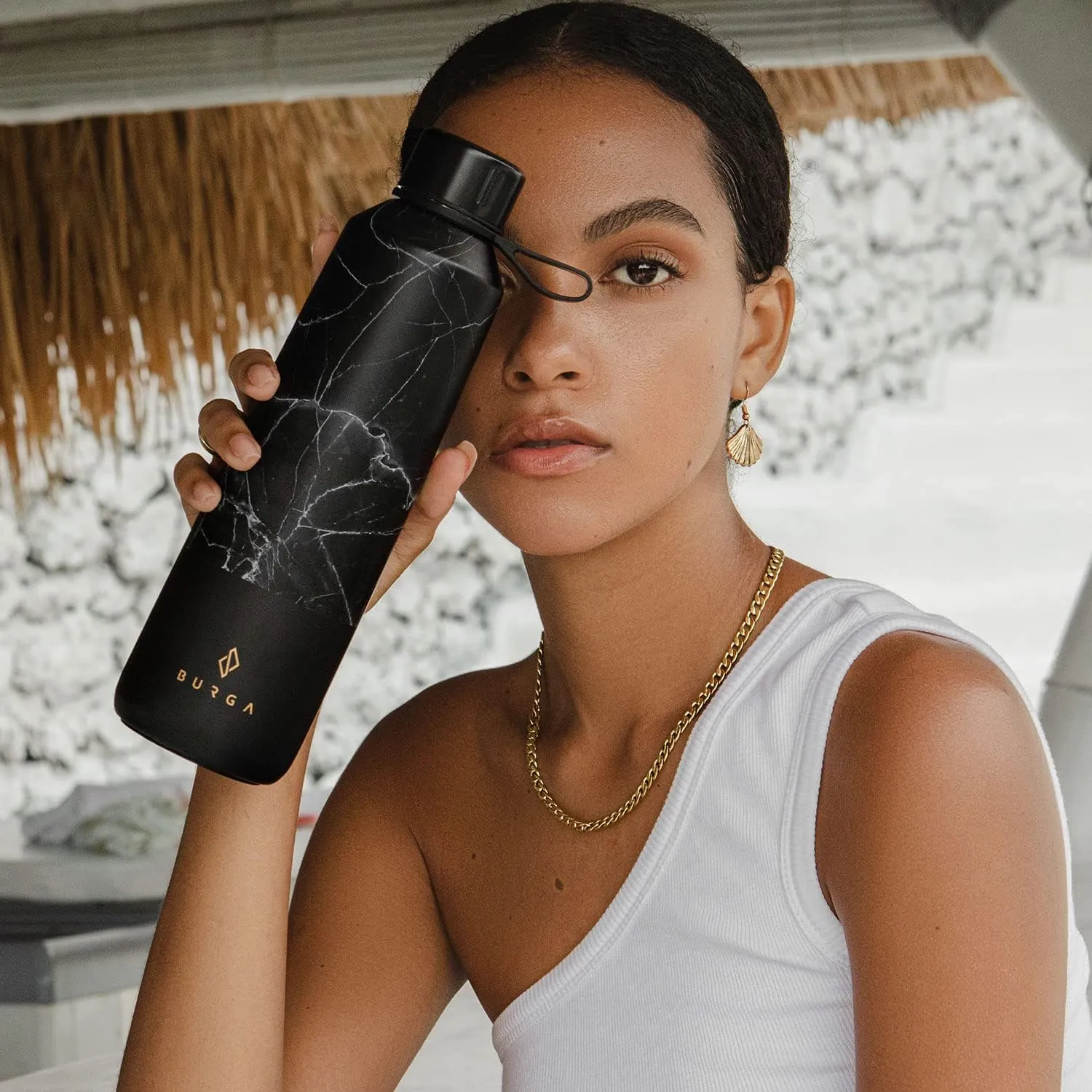 BURGA Insulated Stainless Steel Water Bottle (17oz) Keeps Hot or Cold, Anti-Slip, Leak-Proof Black Marble