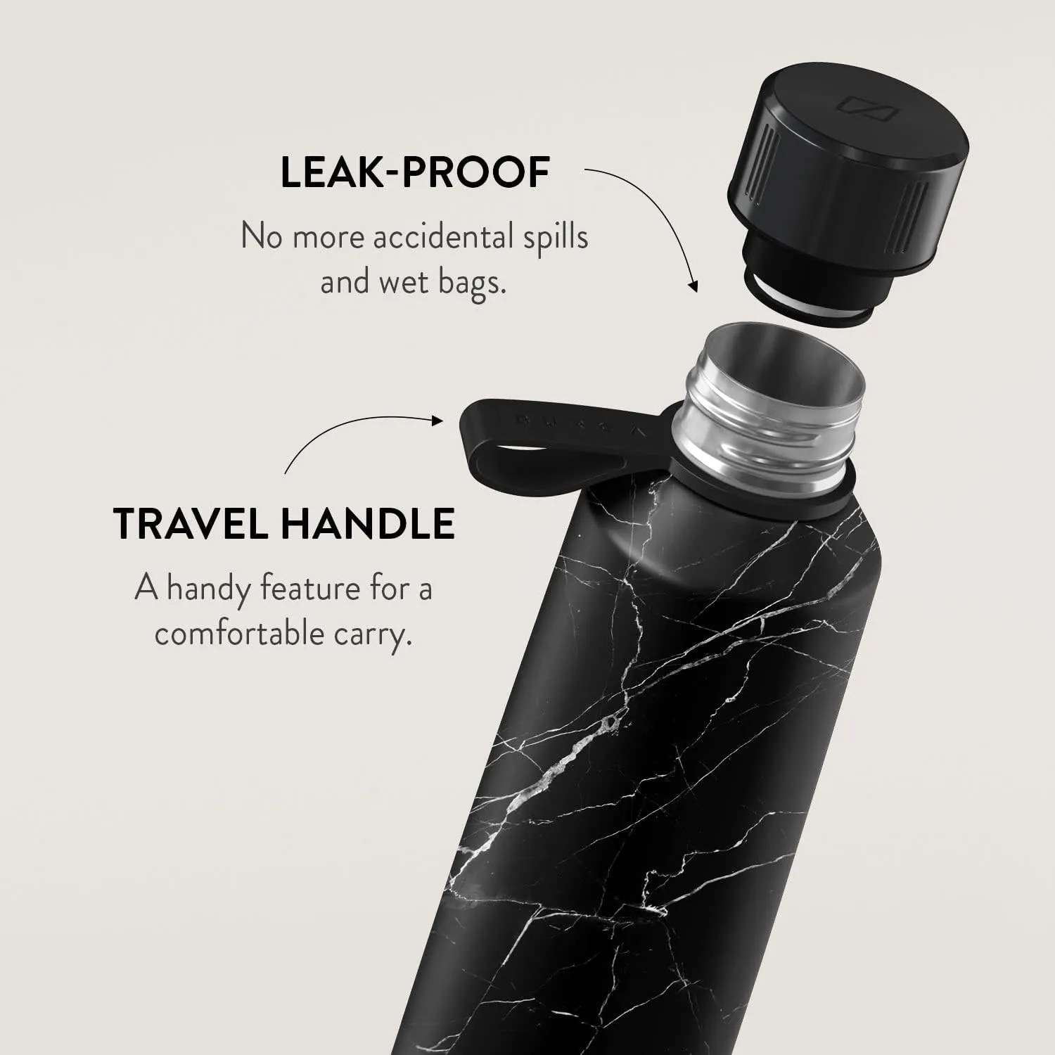 BURGA Insulated Stainless Steel Water Bottle (17oz) Keeps Hot or Cold, Anti-Slip, Leak-Proof Black Marble