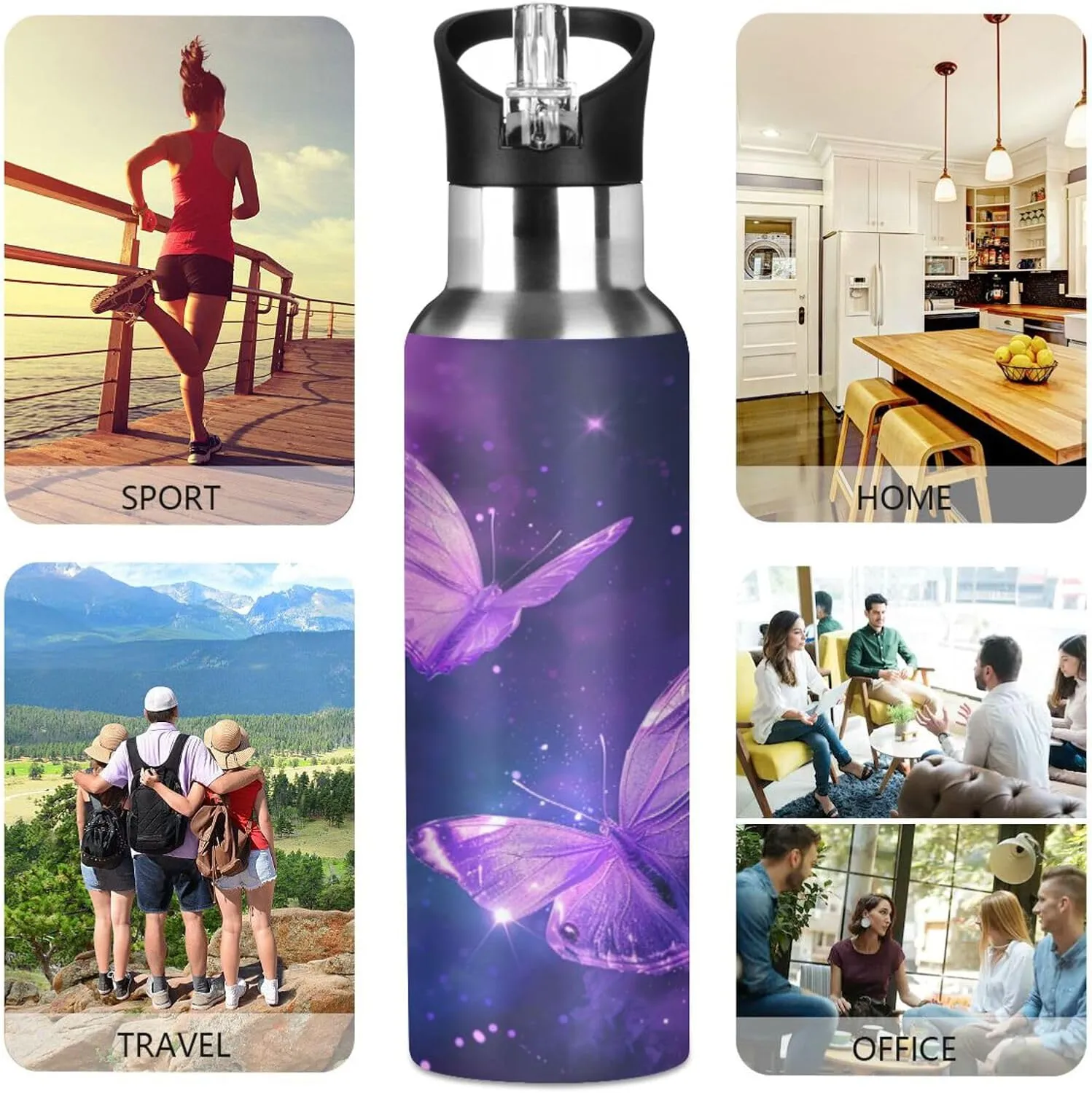 Butterfly Purple Galaxy Water Bottle Kids Girls Insulated Boys Stainless Steel Hot Cold Water Flask with Straw Lid for Sports Gym 20 oz