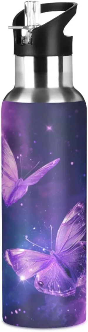 Butterfly Purple Galaxy Water Bottle Kids Girls Insulated Boys Stainless Steel Hot Cold Water Flask with Straw Lid for Sports Gym 20 oz