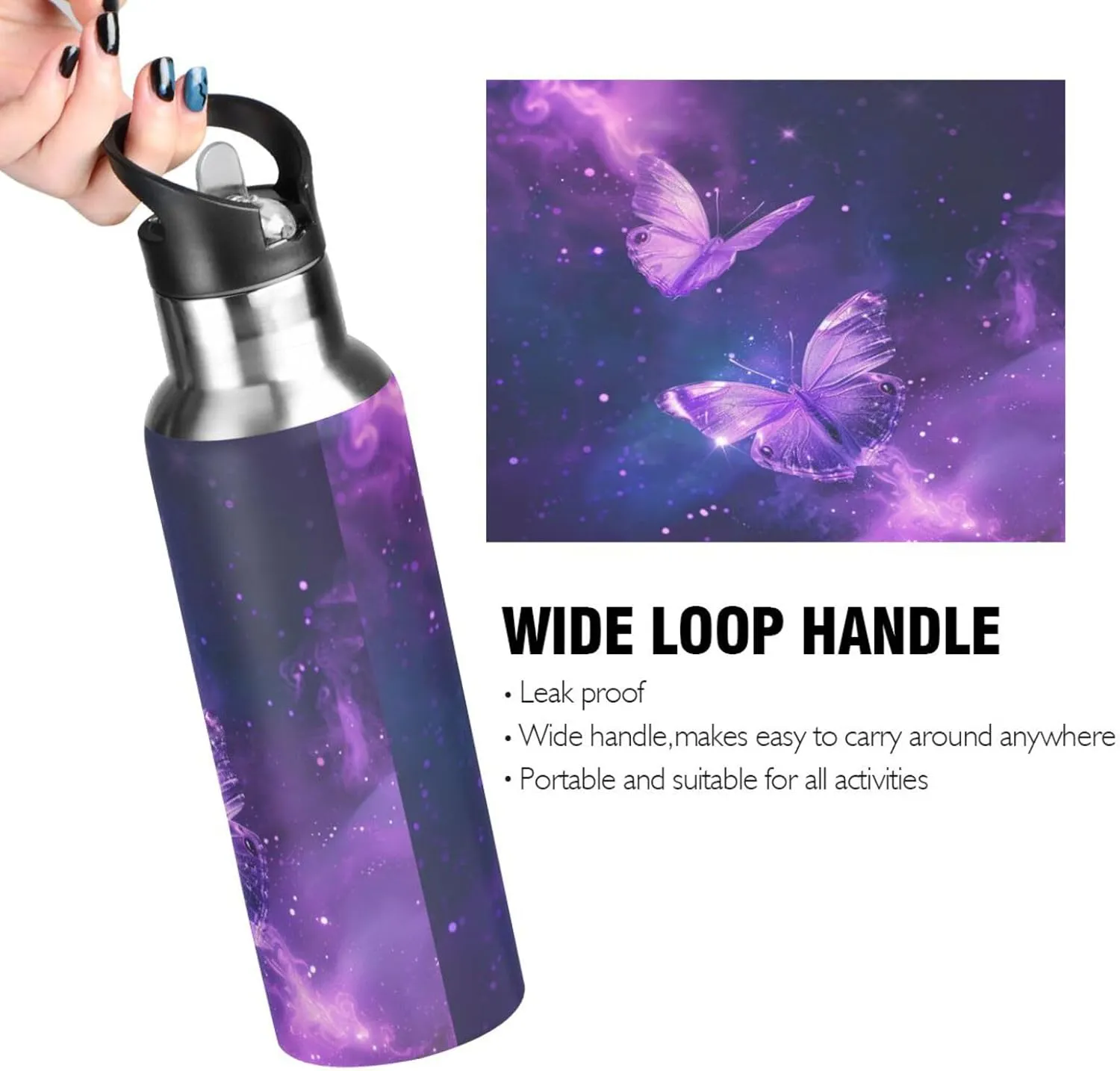 Butterfly Purple Galaxy Water Bottle Kids Girls Insulated Boys Stainless Steel Hot Cold Water Flask with Straw Lid for Sports Gym 20 oz