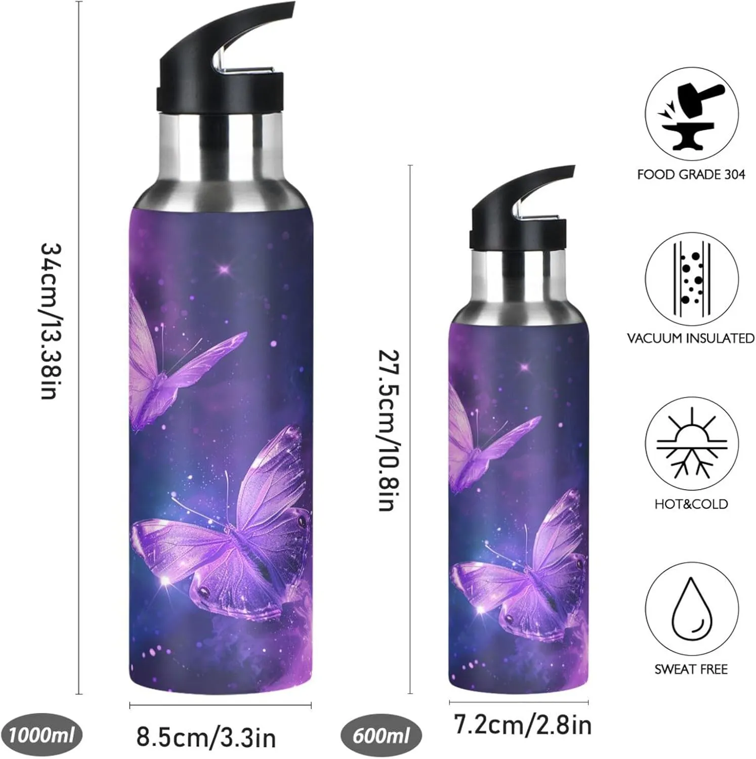 Butterfly Purple Galaxy Water Bottle Kids Girls Insulated Boys Stainless Steel Hot Cold Water Flask with Straw Lid for Sports Gym 20 oz