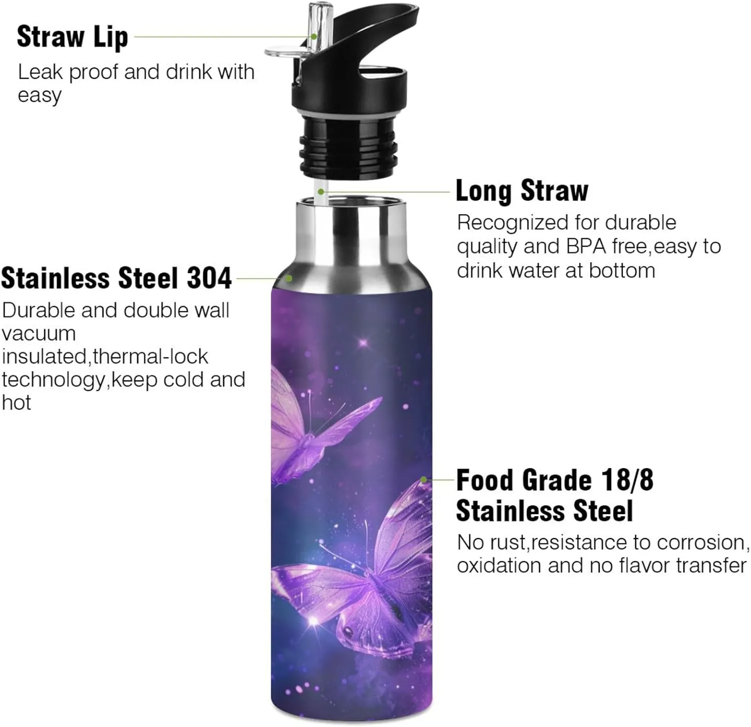 Butterfly Purple Galaxy Water Bottle Kids Girls Insulated Boys Stainless Steel Hot Cold Water Flask with Straw Lid for Sports Gym 20 oz