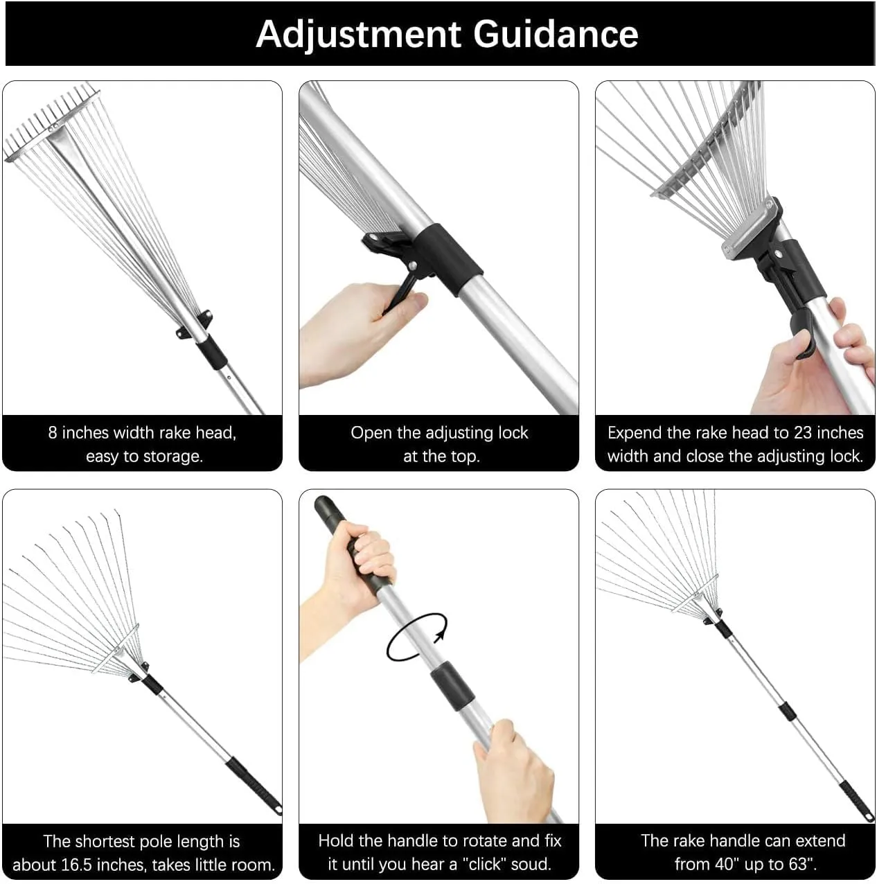 Buyplus Adjustable Garden Leaf Rake - 24 to 63 Inch Telescopic Metal Expandable Folding Leaves Rake for Lawn Yard, Flowers Beds, Black
