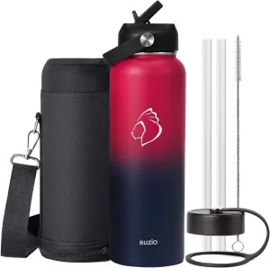 BUZIO 40oz Insulated Water Bottle, Triple Wall Vacuum Stainless Steel Water Flask with 2 lids, Leakproof BPA-Free Straw Lid Sports Canteen Jug, Cold 48H & Hot 24H- Ruby Red Navy