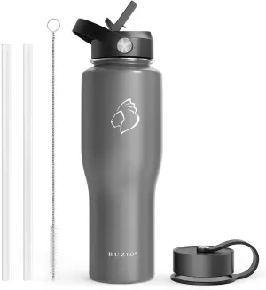 BUZIO Stainless Steel Water Bottle Vacuum Insulated (Cold for 48 Hrs, Hot for 24 Hrs), Graphite 32oz Tumbler Travel Flask with Straw Lid and Flex Cap, Fit in Any Car Cup Holder