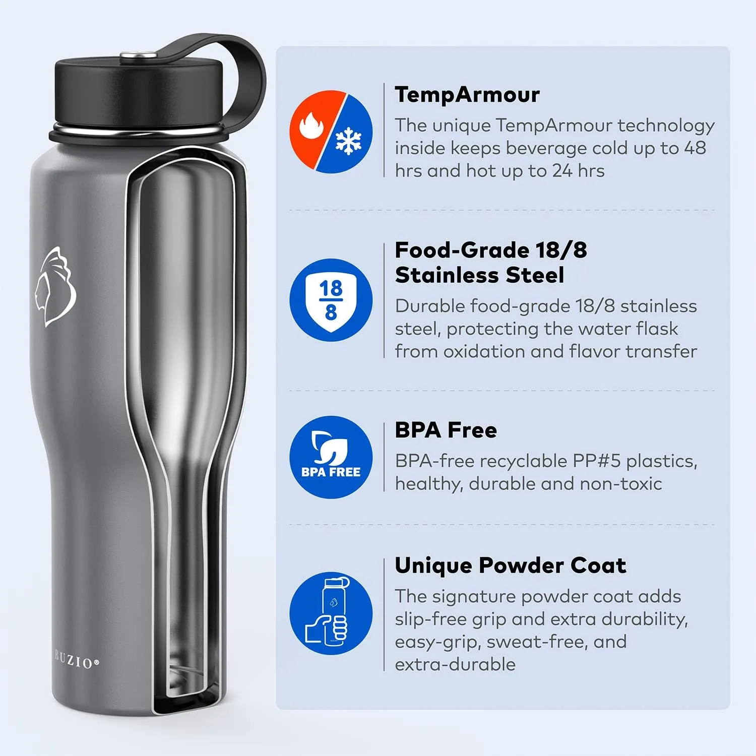 BUZIO Stainless Steel Water Bottle Vacuum Insulated (Cold for 48 Hrs, Hot for 24 Hrs), Graphite 32oz Tumbler Travel Flask with Straw Lid and Flex Cap, Fit in Any Car Cup Holder