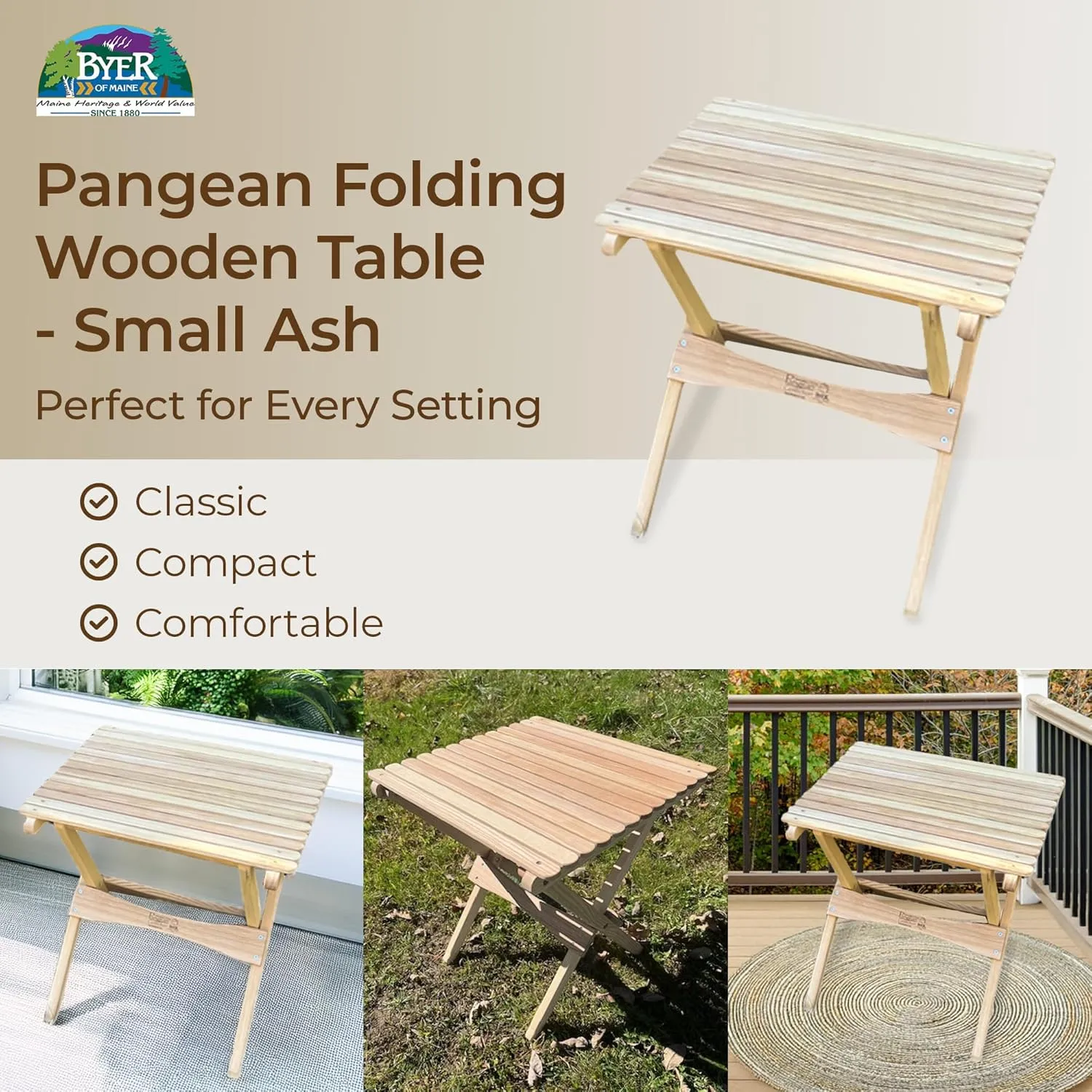 BYER OF MAINE Pangean Folding Wooden Side Table – 18" H x 16" W x 16" H – Portable Compact Outdoor Table – Folding Hardwood Table for Patio, Porch, Balcony, Camping & Garden Use