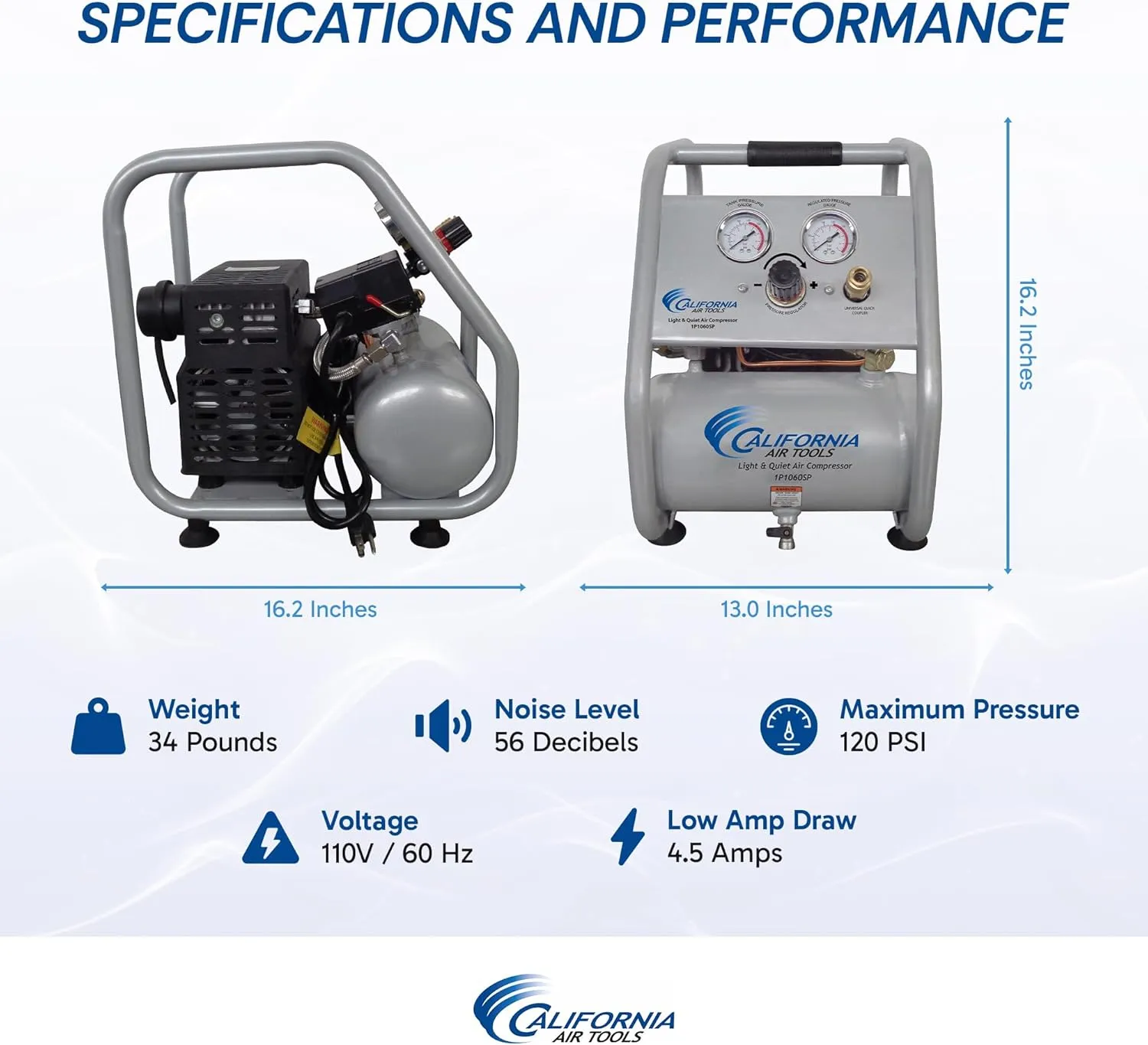 California Air Tools CAT-1P1060SP Light & Quiet Portable Air Compressor, Lightweight, Ultra Quiet, Oil-Free, 1 Gallon Steel Tank, .6 HP, 56 dBA Noise Level
