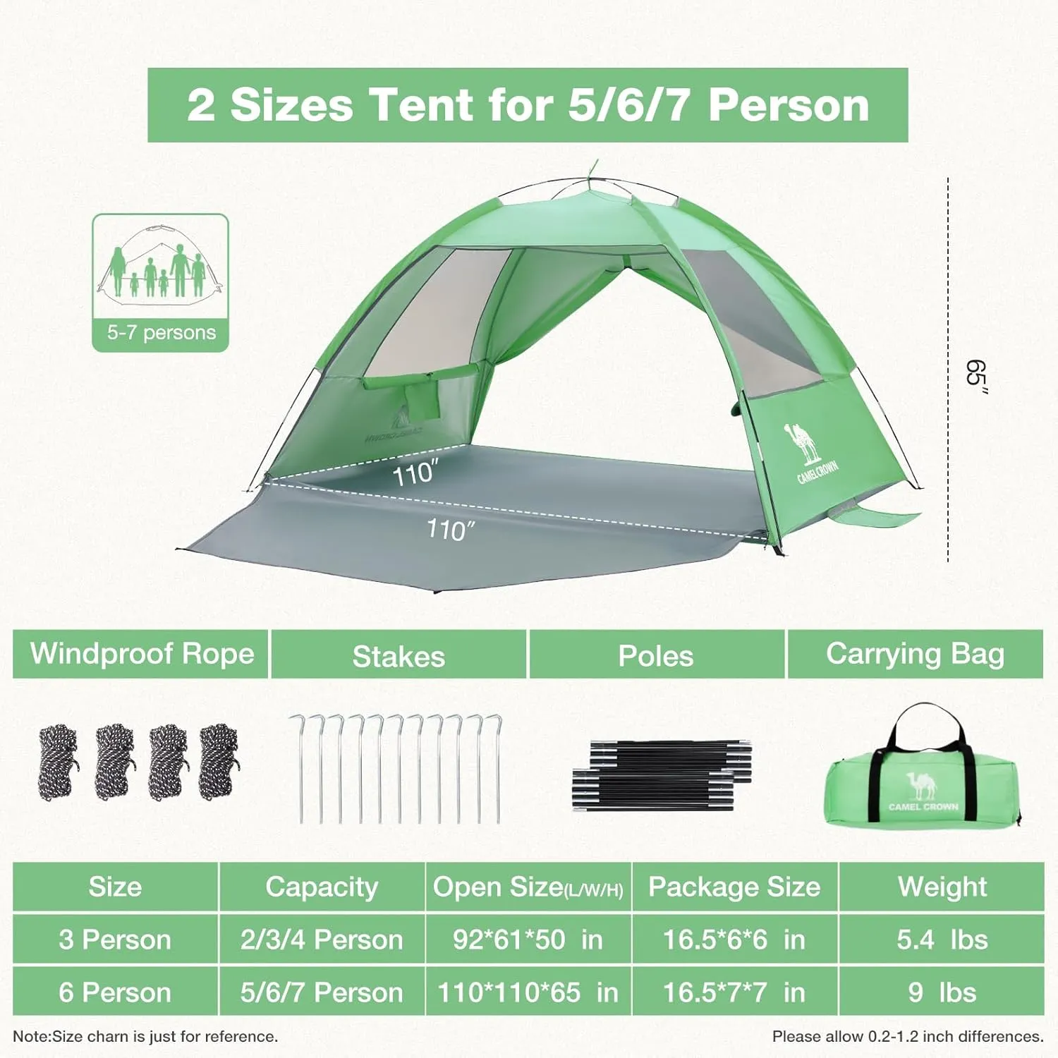 CAMEL CROWN Beach Tent UPF 50  Sun Shelter for 2/3/5/6 Person, Lightweight Portable Sun Shade with Sand Anchor, Family Beach Day & Outdoor Adventures